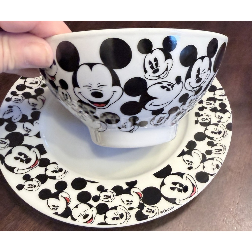 Disney All Over Mickey  Black White Cup Plate Bowl Set NWT - Picture 5 of 8